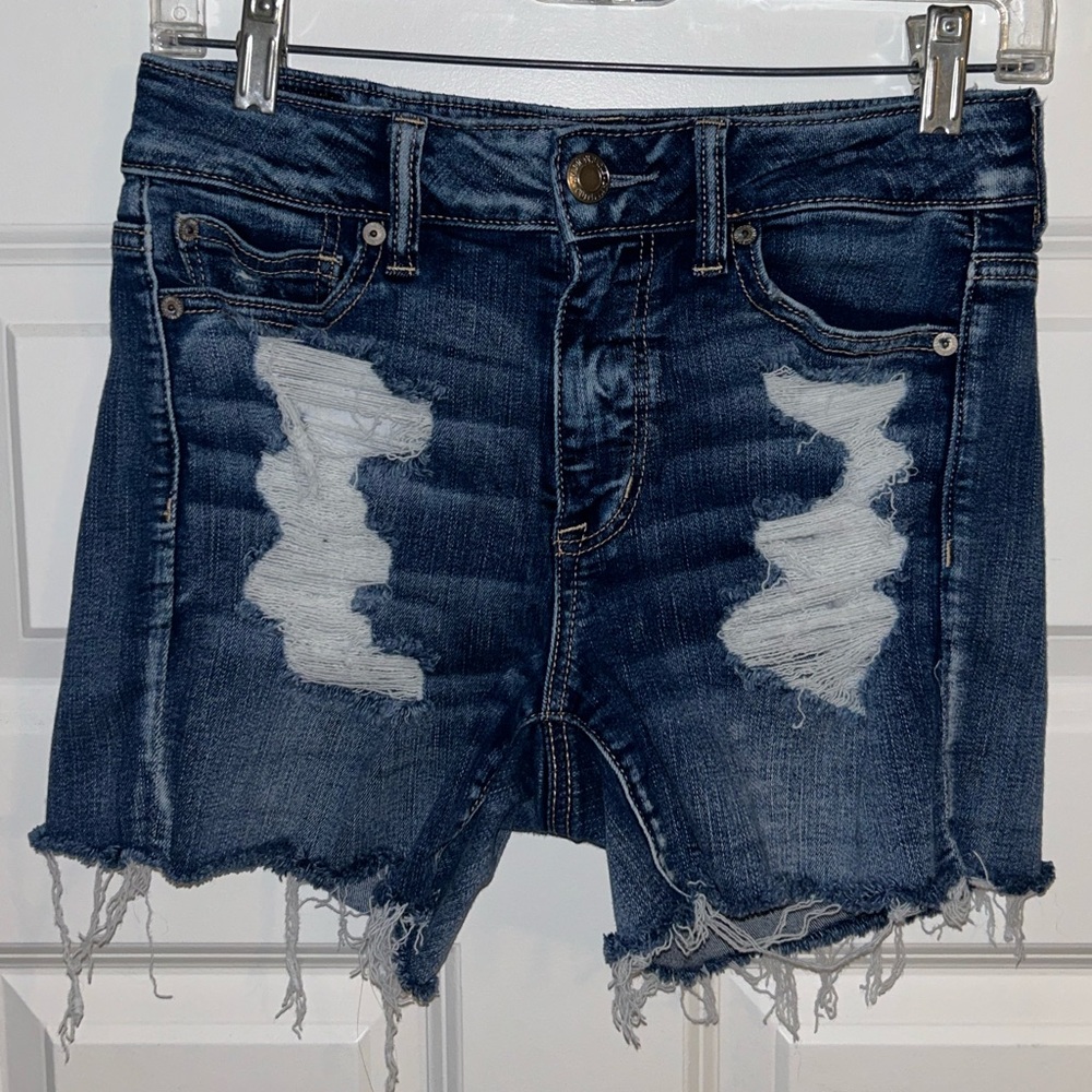 American Eagle Ne(X)t Level Stretch Hi-Rise Shortie Ripped Denim Shorts (Size 4)